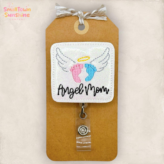 Angel Mom Retractable Badge Reel: Infant Pregnancy Loss ID Holder, Name Tag, Topper, Coworker Gift, MRI Safe, Heavy Duty Options | GLITTER