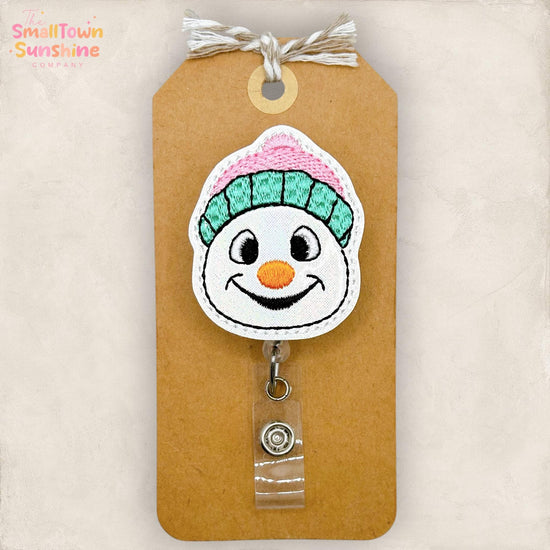 Pastel Winter Hat Snowman Retractable Badge Reel: ID Holder, Name Tag, Swappable Topper, Coworker Gift, Lanyard, MRI Safe, Heavy Duty Clip