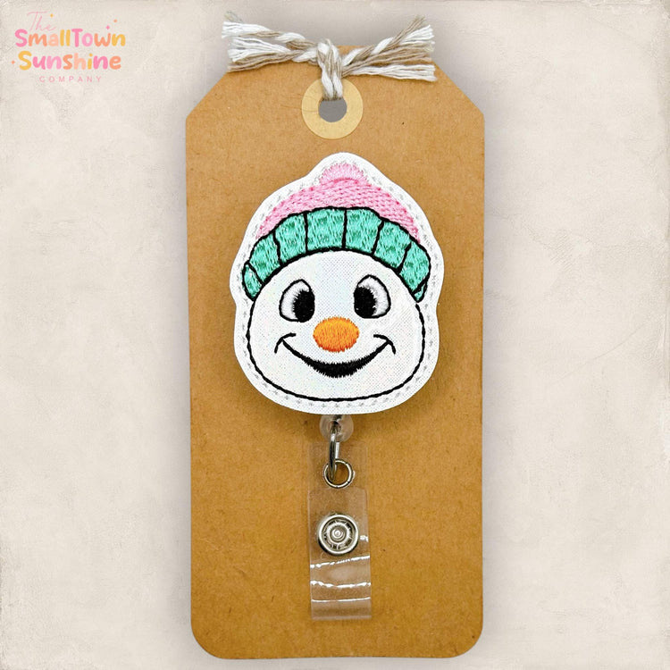 Pastel Winter Hat Snowman Retractable Badge Reel: ID Holder, Name Tag, Swappable Topper, Coworker Gift, Lanyard, MRI Safe, Heavy Duty Clip