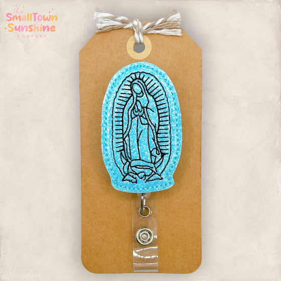 Virgin Mary Retractable Badge Reel; Catholic ID Holder, Name Tag, Topper, Coworker Gift, Lanyard, MRI Safe, Heavy-Duty Clip | GLITTER