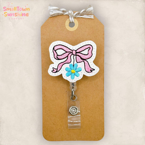 Pink Flower Bow Retractable Badge Reel: Daisy ID Holder, Name Tag, Swappable Topper, Coworker Gift, Lanyard, MRI Safe, Heavy Duty | GLITTER