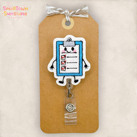 Clipboard Doodle Retractable Badge Reel: To Do List ID Holder, Name Tag, Topper, Coworker Gift, Lanyard, MRI Safe, Heavy Duty | GLITTER