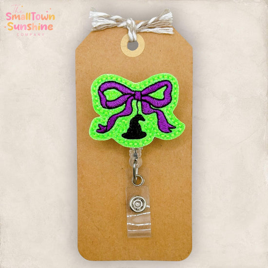 Purple Witch Hat Bow Retractable Badge Reel: ID Holder, Name Tag, Swappable Topper, Coworker Gift, Lanyard, MRI Safe, Heavy Duty | GLITTER