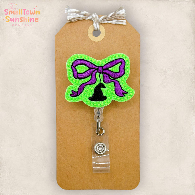 Purple Witch Hat Bow Retractable Badge Reel: ID Holder, Name Tag, Swappable Topper, Coworker Gift, Lanyard, MRI Safe, Heavy Duty | GLITTER