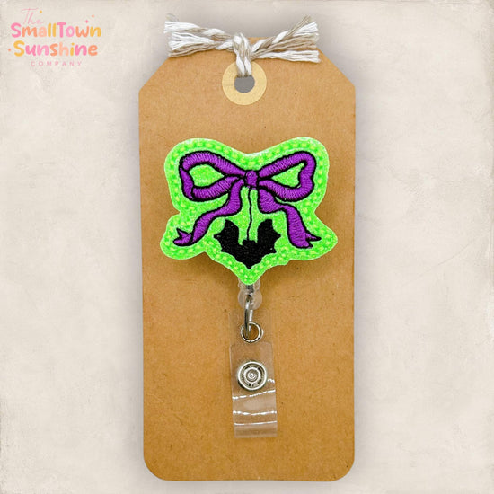 Purple Bat Bow Retractable Badge Reel: Halloween ID Holder, Name Tag, Topper, Coworker Gift, Lanyard, MRI Safe, Heavy Duty Clip | GLITTER