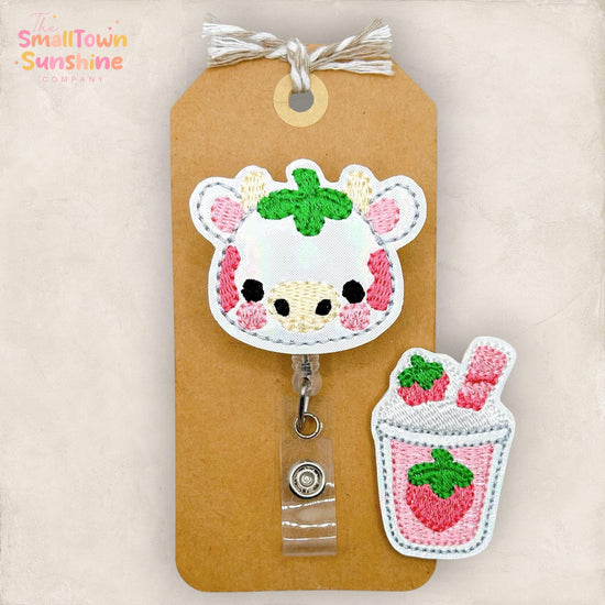 Strawberry Cow Retractable Badge Reel: Milkshake ID Holder, Name Tag, Swappable Topper, Coworker Gift, Lanyard, MRI Safe, Heavy Duty Clip
