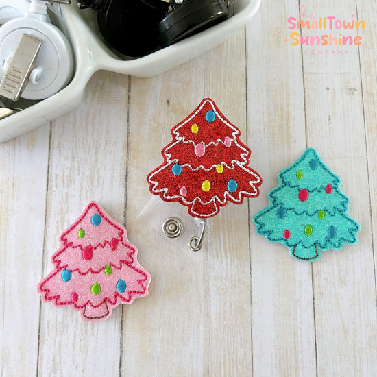 Vintage Christmas Tree Lamp Retractable Badge Reel: Nostalgic ID Holder, Name Tag, Coworker Gift, Lanyard, MRI Safe, Heavy Duty | GLITTER