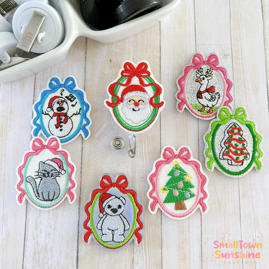 Vintage Christmas Cameo Retractable Badge Reels: Winter Season ID Holder, Topper, Coworker Gift, Name Tag, Lanyard, MRI Safe, Heavy Duty